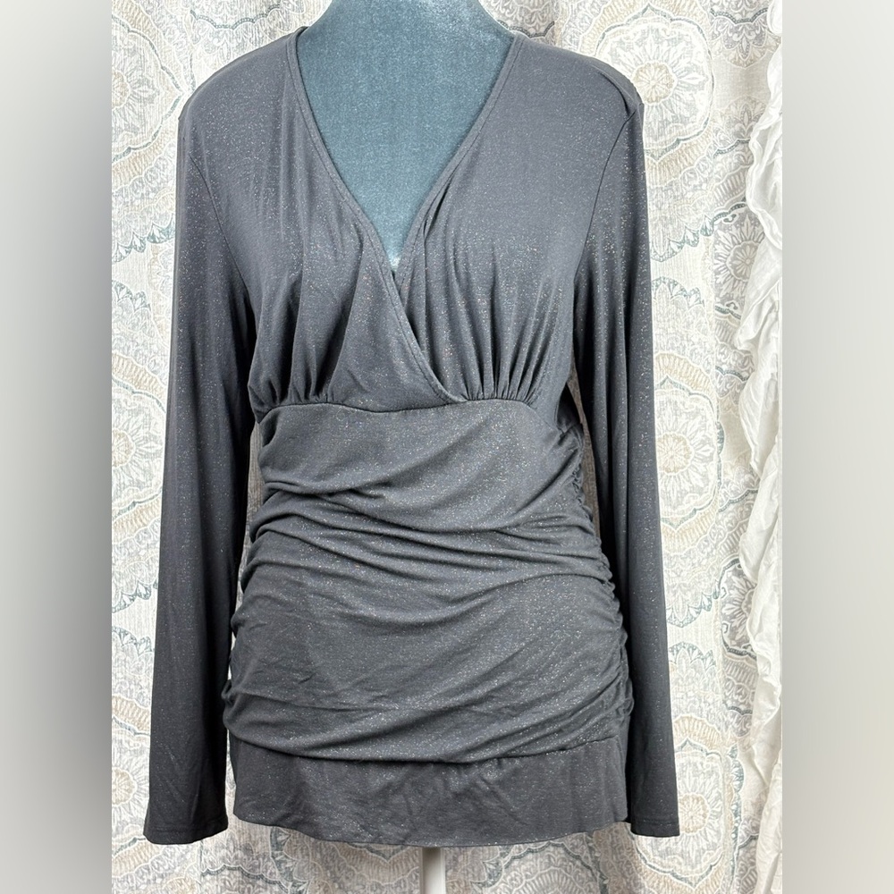 INC International Concepts Black Copper Shimmer Ruched Faux Wrap Top Size Lg